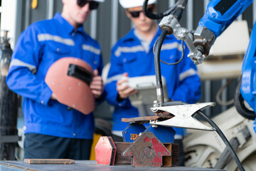 Industrial workers working with robotic arm welding machine in factory, Robotic arm welding industry and engineering concept.