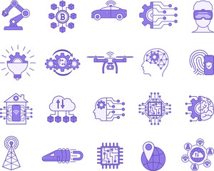 Colored Technology Icons. Vector Icons of Geolocation, Virtual Reality, Blockchain, Internet of Things, Robotics, Autonomous Car, Artificial Intelligence and Others