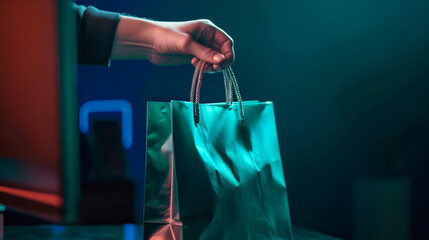 A hand reaching out from a computer screen handing over a shopping bag, online shopping, dynamic and dramatic compositions, with copy space