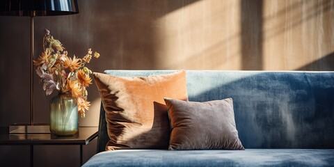 Closeup View of Luxuriously Upholstered Gray Sofa, A Stylish and Opulent Furniture Piece