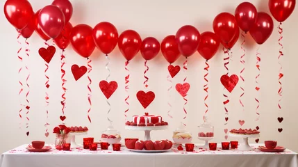 Fotobehang Beautiful St Valentines Day party table with showstopper red, white and pink hearts double layer cake, with white chocolate frosting.  © muhammad