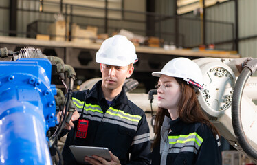 Both of engineers working together in a robotic arm factory, Robotic arm industry and engineering concept.