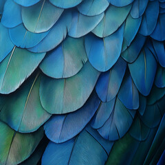 "Detailed Macro Texture of Vibrant Blue and Green Bird Feathers, Nature's Patterned Beauty, Avian Plumage Close-Up"