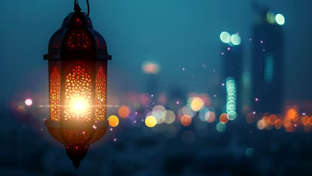 Muslim Holy Month. Ramadan Kareem Ornamental Arabic Lantern With Burning Candle And Bokeh city light.