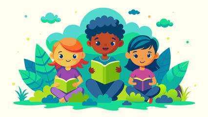 Diverse group of happy children reading books outdoors, educational concept illustration