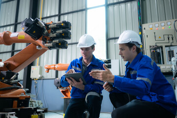 Engineer and technician working with robot arm in factory. Industry and engineering concept.