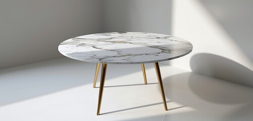 Round elegance--white marble top, brass-finished legs, making a statement on a clean white backdrop.