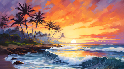 Fototapeta na wymiar Tranquil beach at sunset with waves painted in oils_Generative AI