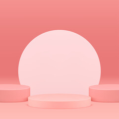 Elegant feminine pink 3d podium cylinder pedestal empty showroom realistic vector background - obrazy, fototapety, plakaty