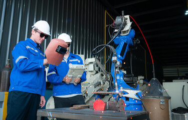 Industrial workers working with robotic arm welding machine in factory, Robotic arm welding industry and engineering concept.