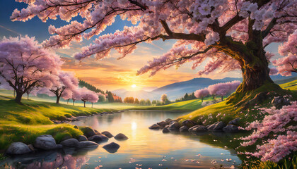 Paysage de campagne avec cerisier en fleur, rivière et coucher de soleil sur la nature - obrazy, fototapety, plakaty