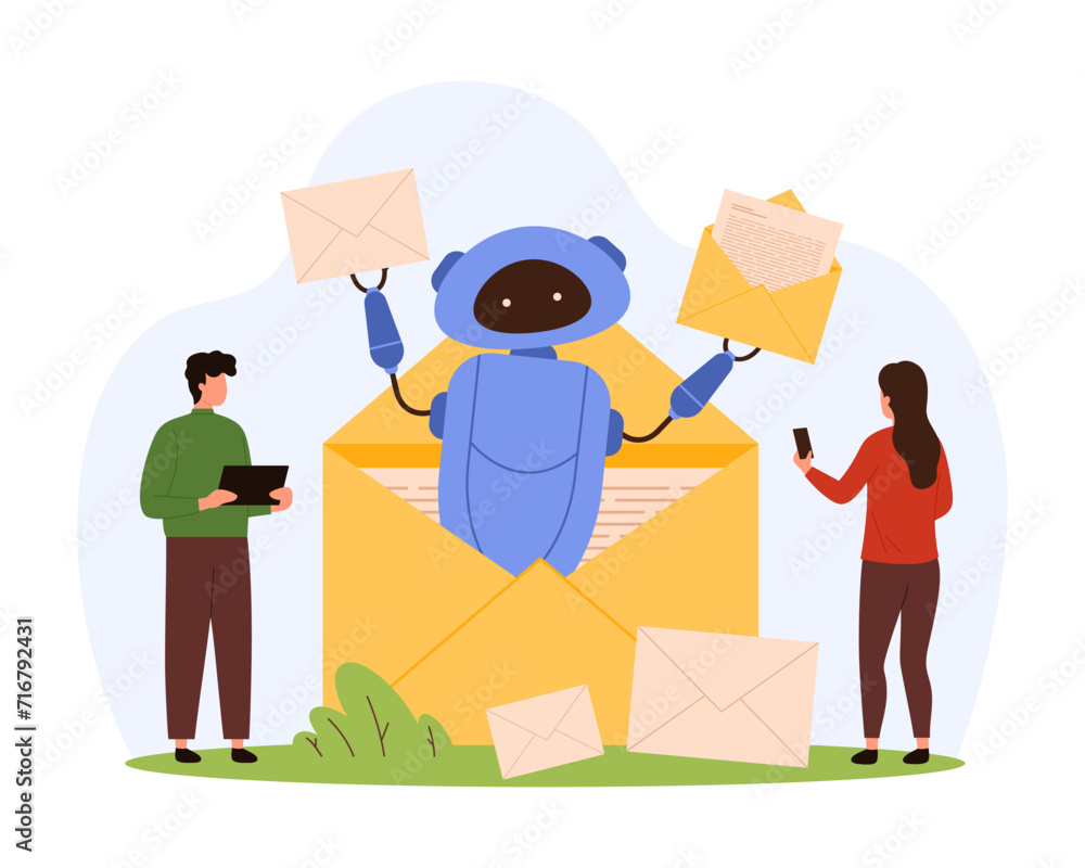 Poster automated mail service with ai, digital helpdesk support. robot character from open envelope holding