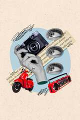 Artwork picture collage of vintage concept hands holding old photocamera tourist ride motorbike and...