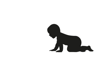 Black silhouette, crawling child. White isolated background