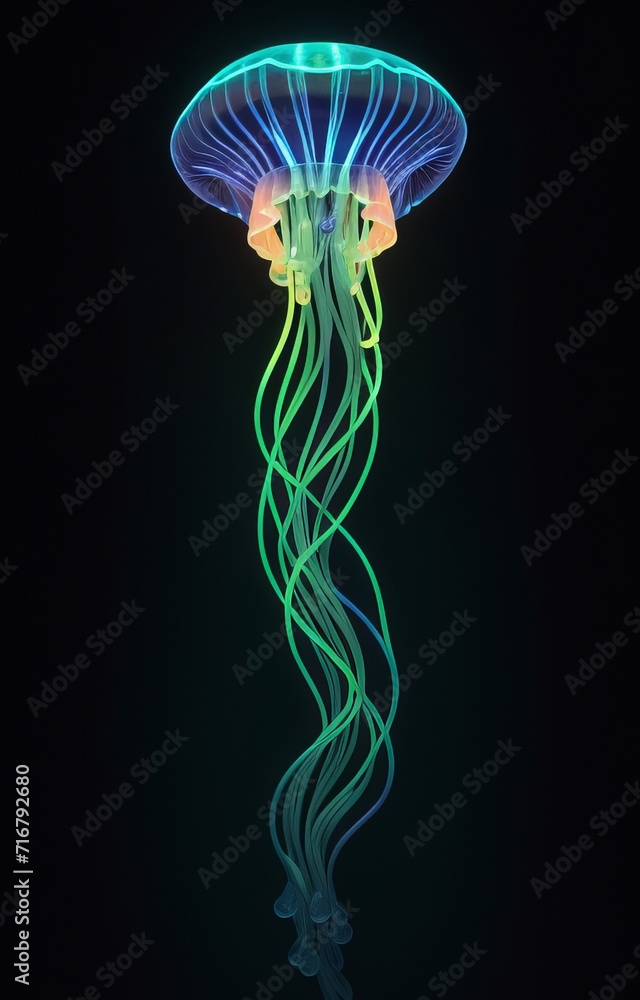 Wall mural Artistic Beautiful Neon Jellyfish in Deep Dark Ocean Background