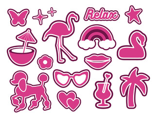 Glamorous trendy set of pink stickers. Cute stickers, objects isolated on white background. Tree, lips, flower, rainbow, star, logo: collection in a minimalist style. for print, social network. png