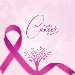 World Cancer Day poster, card, February 4 | Vector. with ribbon of | world, cancer day post, purple ribbon concept event, poster | awareness, social media post template with happy, cancer day