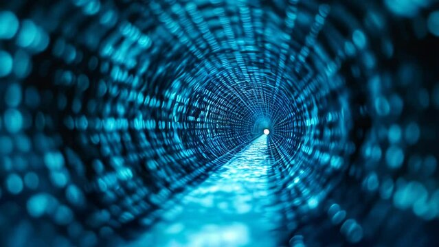 A stream of bits and bytes flowing through a blue tunnel, expressing the concept of information technology and digital communication
