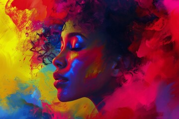 A vibrant portrait of a woman, lost in the colorful world of her closed eyes, brought to life through the modern art of acrylic painting