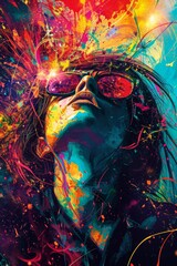 A vibrant painting capturing the essence of modern art through a kaleidoscope of colors and intricate fractal patterns, featuring a woman with colorful glasses gazing into the depths of human express