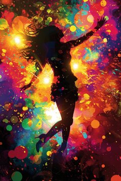 A vibrant painting captures the fluidity and grace of a dancer, illuminated by the warm glow of light as she leaps with effortless energy
