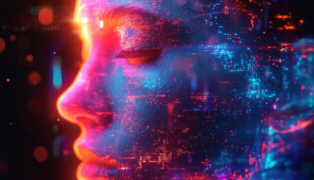 Holographic Harmony, Create an abstract digital face with holographic effects, exploring the harmony between the tangible and intangible aspects of the digital persona