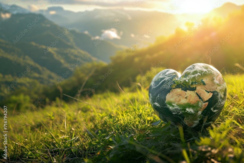 Poster planet earth in the shape of a heart. background with selective focus and copy space