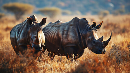 Rhinoceroses in the wild, portrait, wild animals of Africa. Nature. Rare animals of the earth.