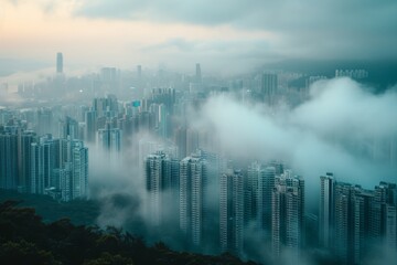 A mesmerizing cityscape emerges from the fog, with towering skyscrapers and mountainous buildings piercing through the hazy clouds