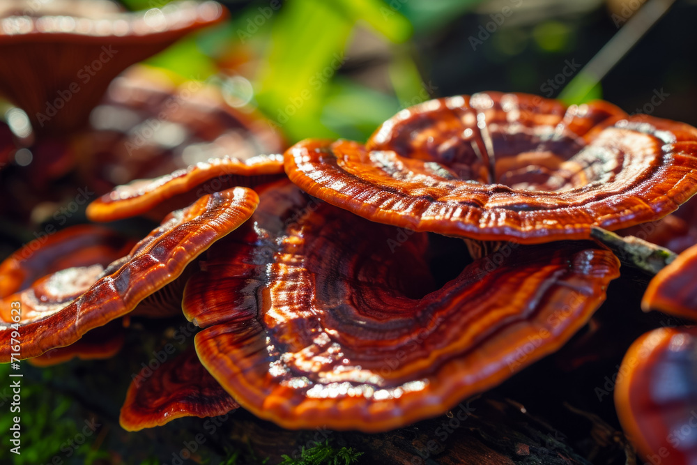 Poster flat mushrooms. background with selective focus and copy space