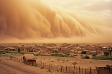 A thick cloud of dust engulfs the peaceful village, shrouding the sky with pollution and creating a hazy landscape of smoke and fog