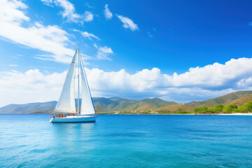 Fototapeta premium Sailboat on clear waters by the mountainous coastline