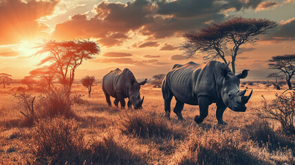 Rhinoceroses in the wild, portrait, wild animals of Africa. Nature. Rare animals of the earth. - obrazy, fototapety, plakaty