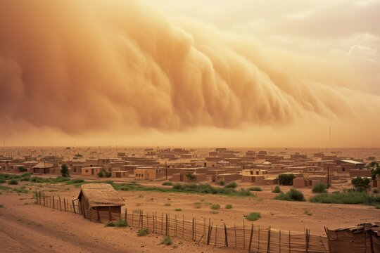 A thick cloud of dust engulfs the peaceful village, shrouding the sky with pollution and creating a hazy landscape of smoke and fog