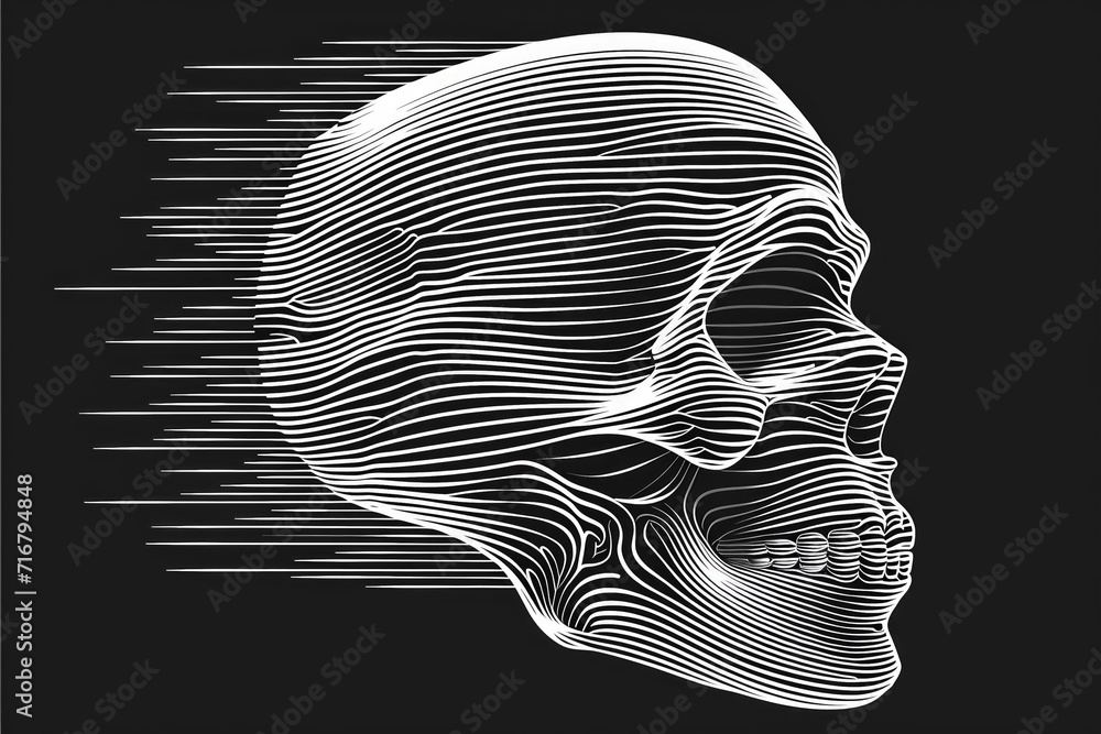 Poster abstract graphic skull head on dark in motion. background for design with selective focus and copy s