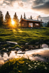 Obraz premium Cozy wooden cabin at sunrise in lush mountain landscape