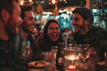 A lively group of friends gathered around a candlelit table, their faces beaming with joy as they share drinks and laughter