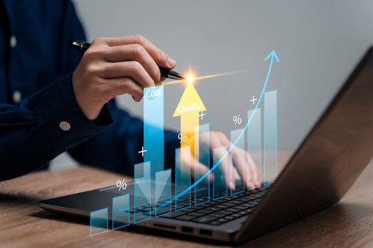 Cost and quality control concept, Businesswomen show quality control growth graph and cost reduction, financial management, digital marketing, Banking, Business Growth long-term target