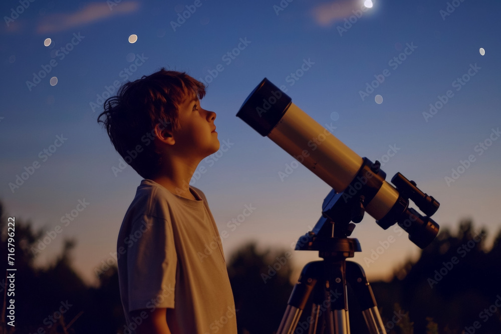 Poster boy in the dark of the night with a telescope. noise as an artistic technique. background with selec