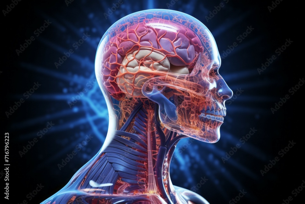 Poster hologram of the human brain. background with selective focus and copy space