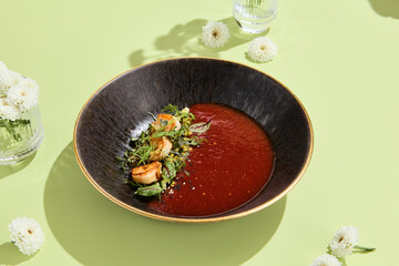 Tomato gazpacho with shrimp on a rustic ceramic plate, pastel green and yellow background, great for summer menu features