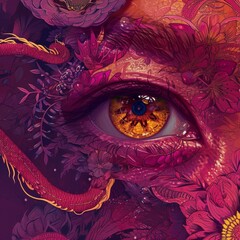 A mesmerizing piece of wearable art, a purple and magenta mask adorns the eye, evoking mystery and intrigue