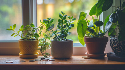 Three pots of plants are arranged in the living room, bathed in a bright gaze.  generative AI