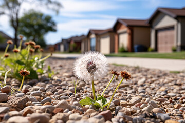 Dandelions in the Front Yard of a Realistic House
