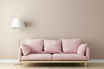 Pink sofa with wooden elements in modern living room against beige minimalistic wall - obrazy, fototapety, plakaty