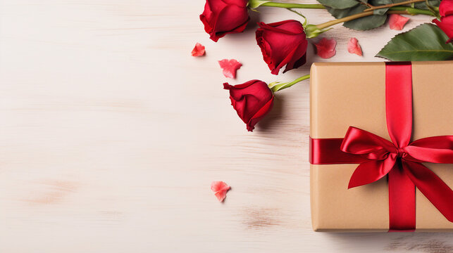 Romantic Valentine's Gift Box with Elegant Red Ribbon and Rose - Perfect for Anniversaries, Birthdays, and Mother's Day Celebrations. Topview Isolated Background with Copy-Space