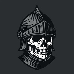 Skull in a medieval royal helmet. Engraving vector illustration. Icon, logo, emblem. isolated object