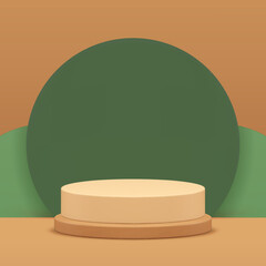 Cylinder beige 3d podium pedestal with green wall promo display realistic vector background