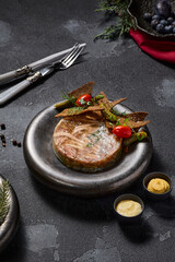 Savory aspic with rye crisps, pickles, mustard, and horseradish, a rich symphony of textures and...