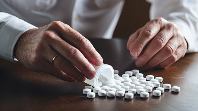 Man opening a medical bottle's cap with white pills.